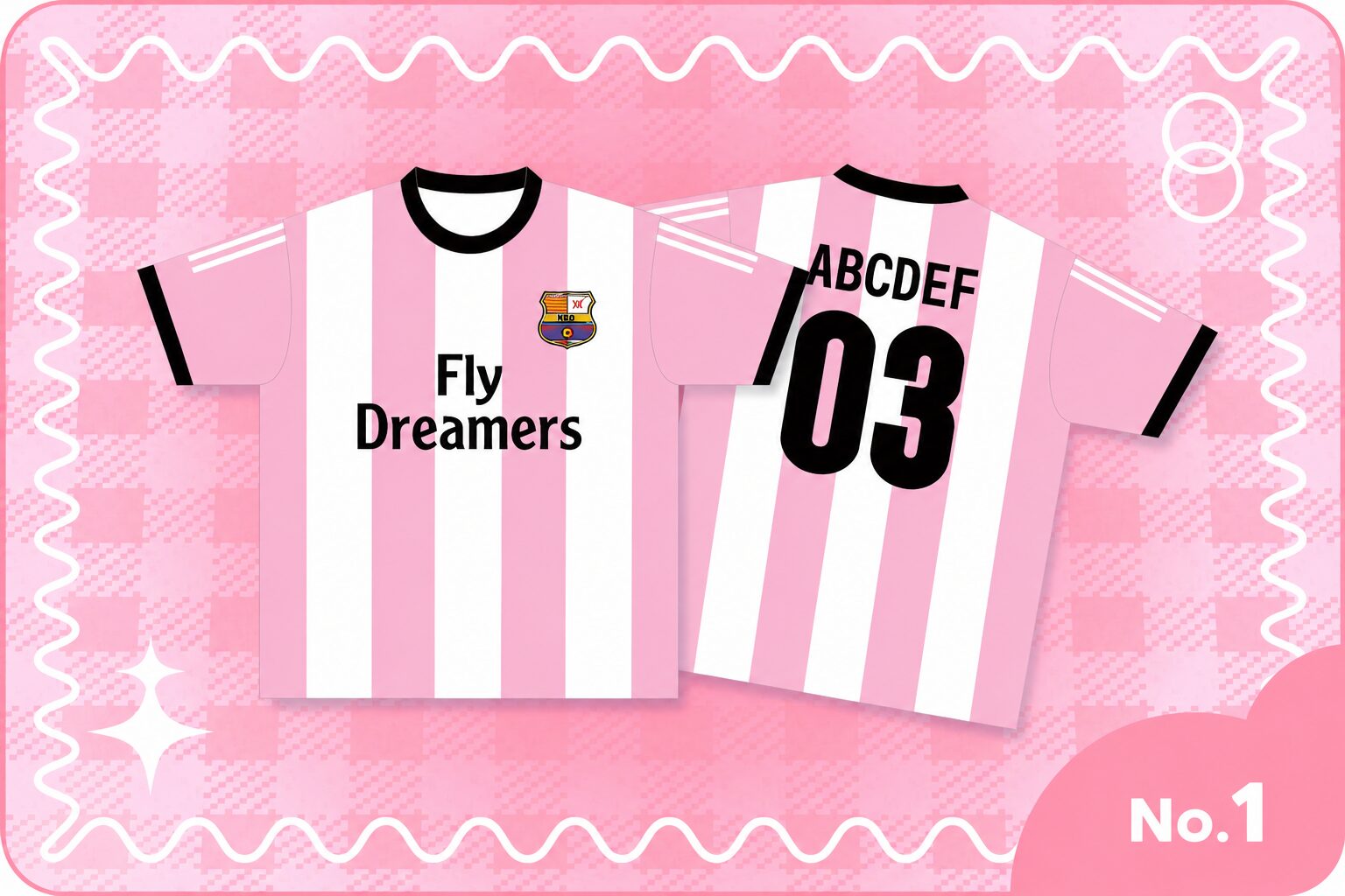 ピンク×白ストライプのサッカーユニフォーム風クラスTシャツ Fly Dreamers 背番号03