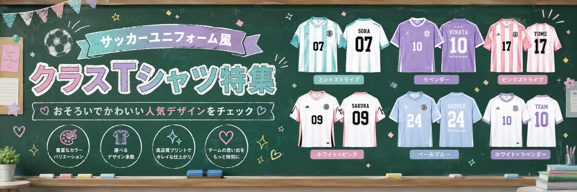 サッカーユニフォーム風クラスTシャツ特集 ミントストライプ・ラベンダー・ピンクストライプなど人気デザインを黒板に並べたビジュアル